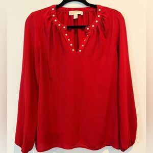 Michael Kors Red Orange Long Sleeve Top with Gold Studded Neckline